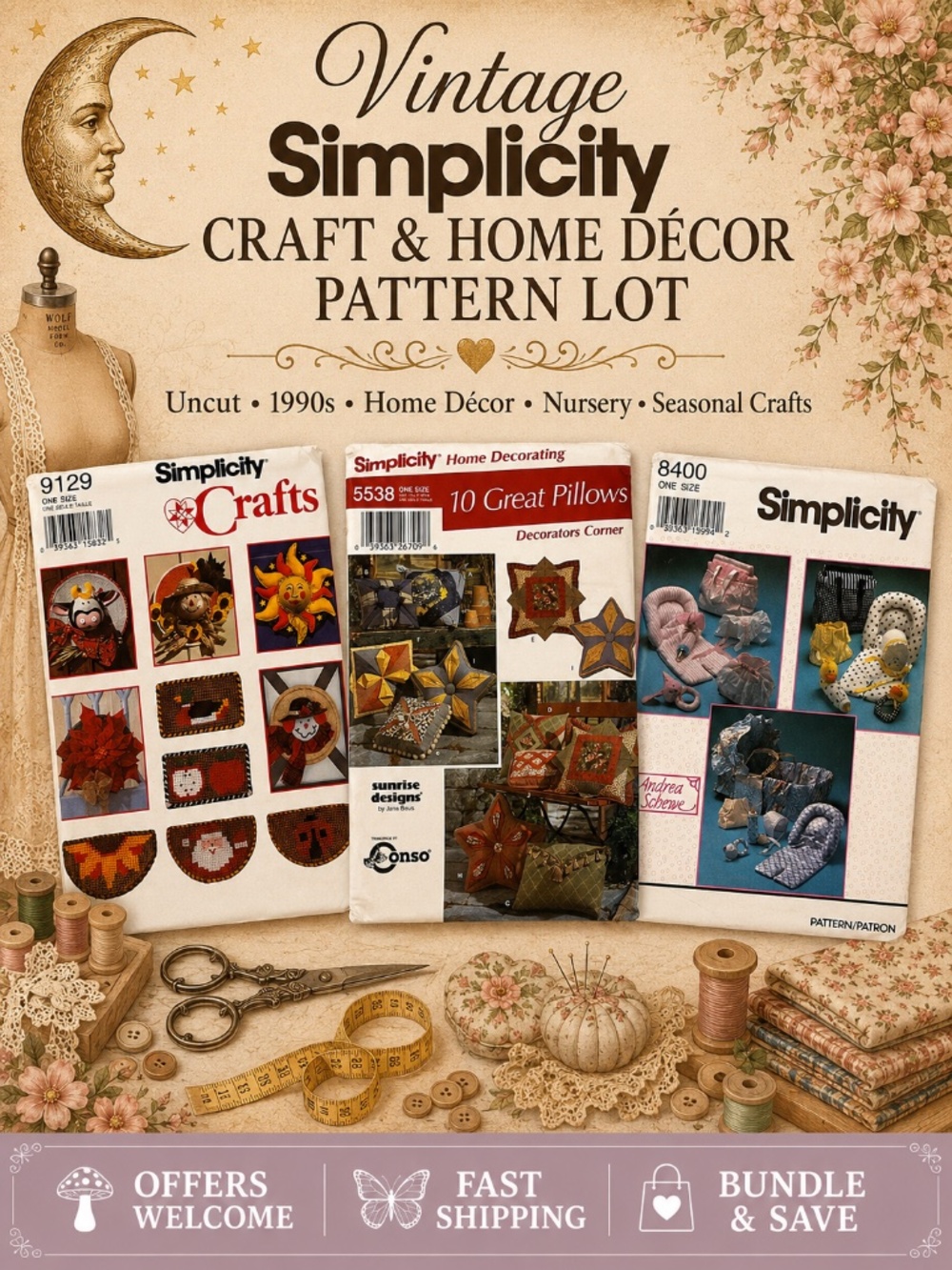 Lot of 3 Vintage Simplicity Patterns Crafts Pillows Nursery Uncut